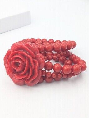 Vintage red rose multi strand lucite beaded stretch statement bracelet